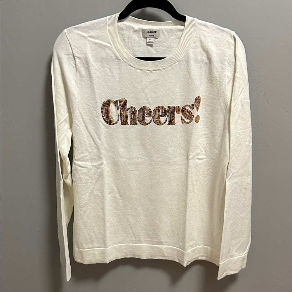 J. Crew Cream CHEERS Graphic Long Sleeve Sweater